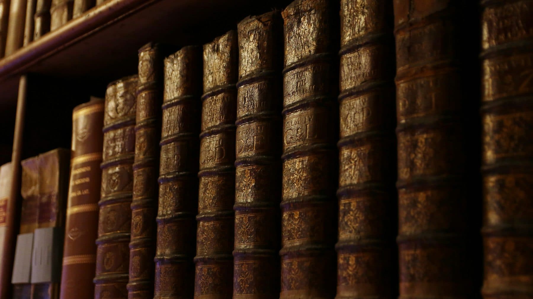 Leather-bound volumes with gold-tooled spines on a dark wooden shelf.